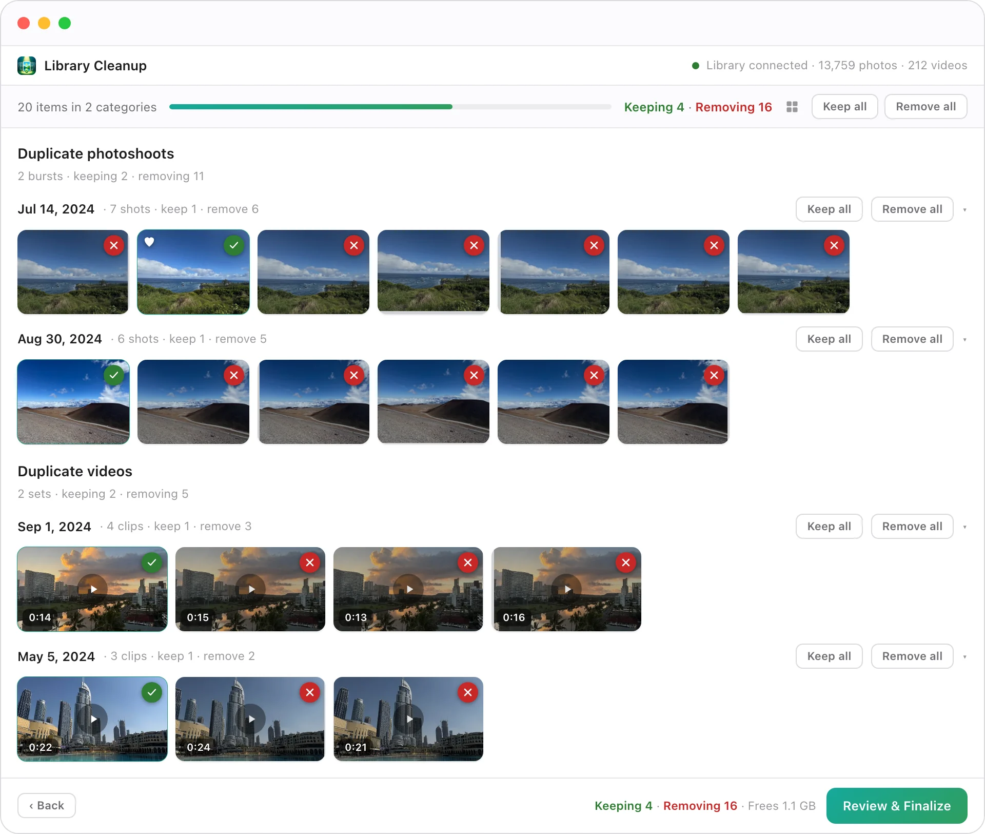Reviewing near-duplicate photos and videos in Library Cleanup