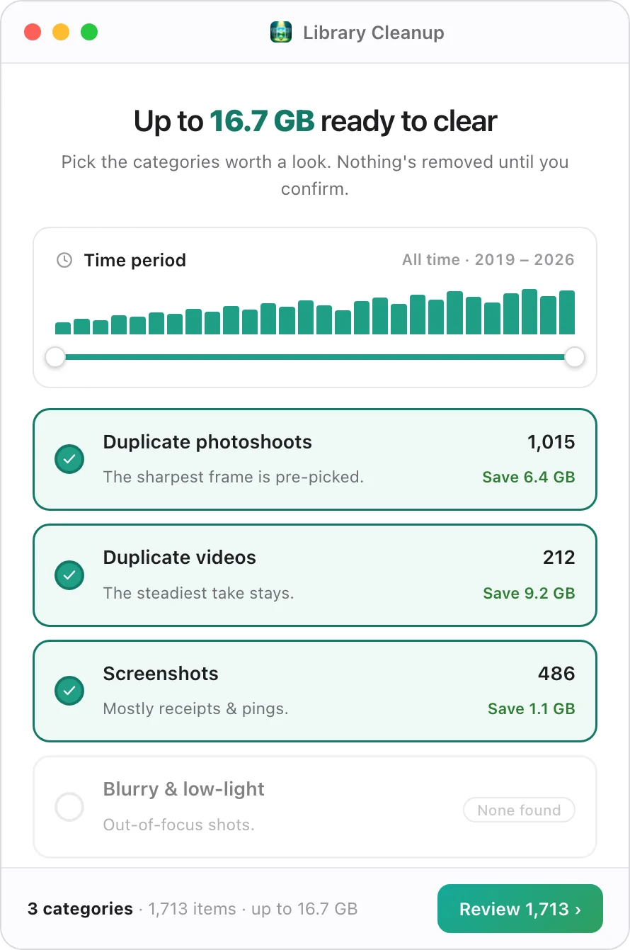 Scan results, choosing categories and a time period to clean up