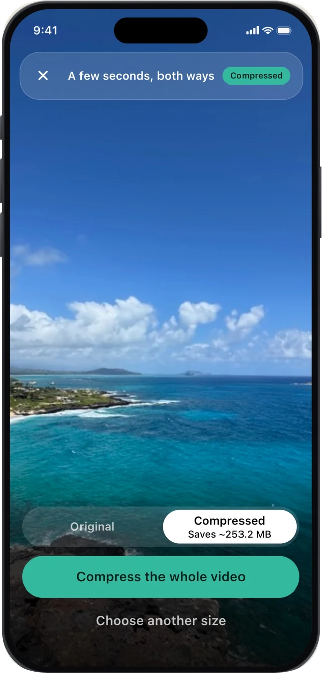 A video in Selects with an Original and Compressed toggle, the compressed version saving about 253 MB