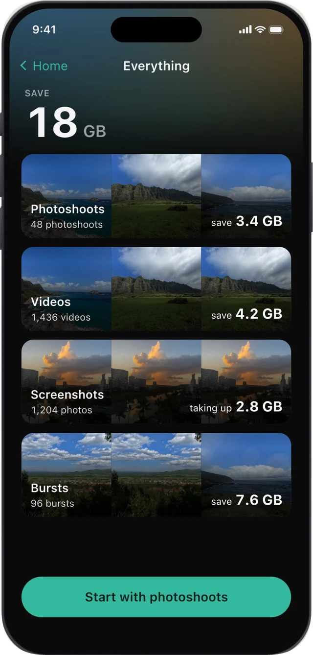 The Everything screen: 18 GB to save, broken into photoshoots 3.4 GB, videos 4.2 GB, screenshots 2.8 GB and bursts 7.6 GB