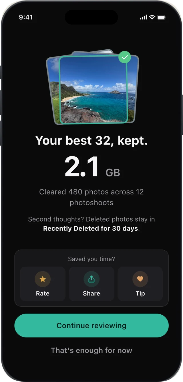 The Done screen: your best 32 kept, 2.1 GB back, 480 photos cleared, and a note that deletions wait 30 days in Recently Deleted