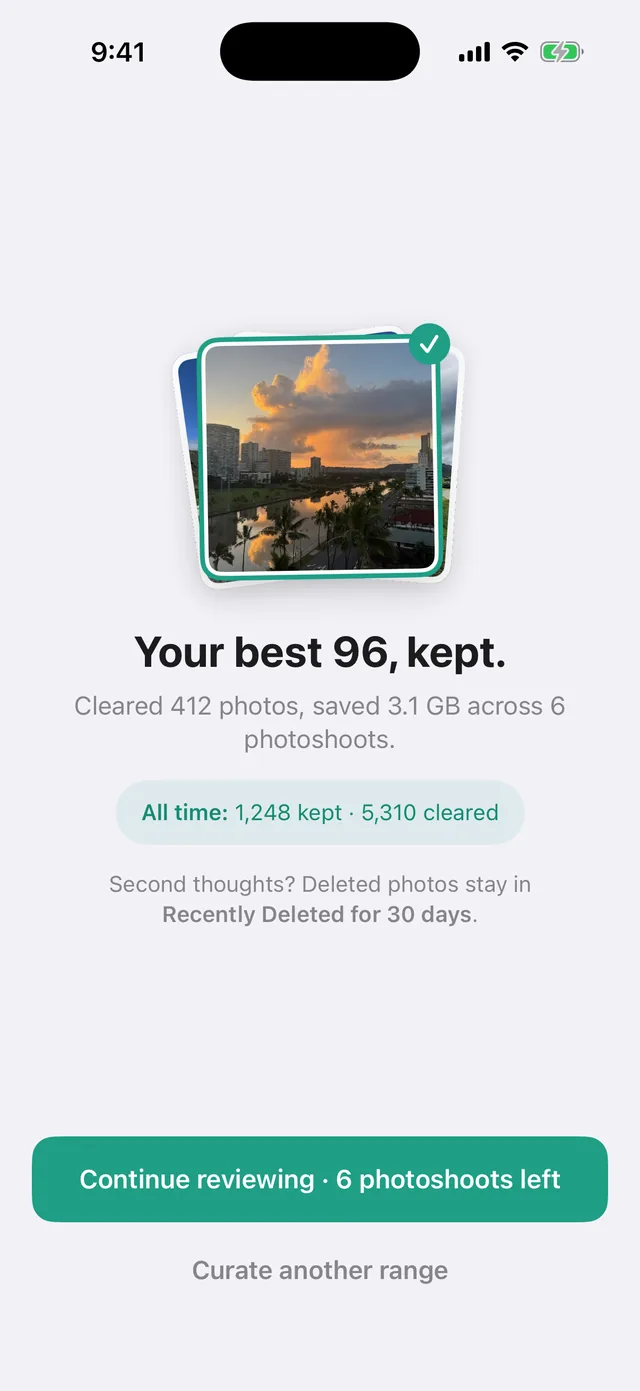 Done screen: your best 96 kept, 412 photos cleared, 3.1 GB saved