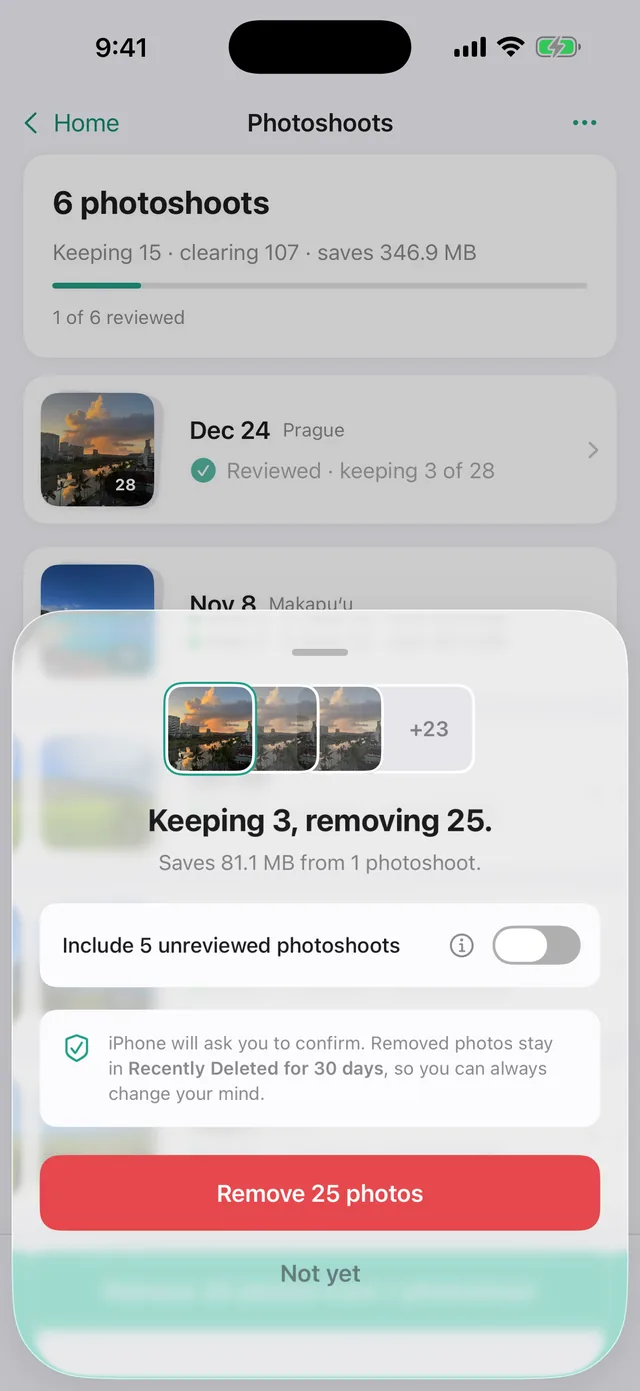 Finalize sheet: keeping 3, removing 25, saves 81 MB, with a red Remove button