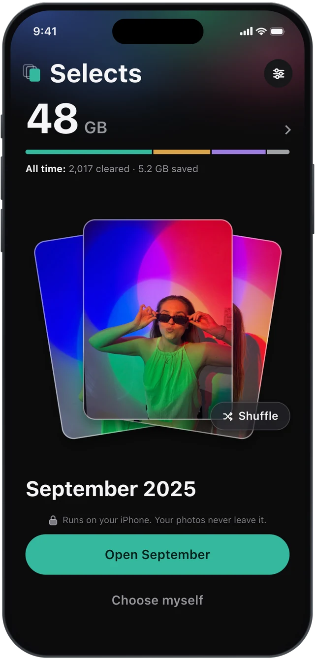 Selects on iPhone: 48 GB of photos and videos, 2,017 cleared all time, and a button to open September