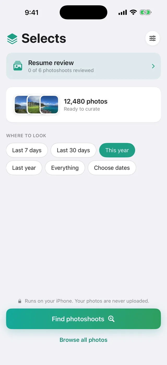 Selects home screen: 12,480 photos, ready to curate, with time-range chips and a Find photoshoots button